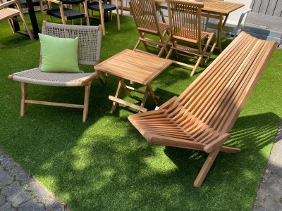 Teakstuhl-Relaxstuhl-Teaktisch-BeistelltischOutdoor-Geflecht-Rattan